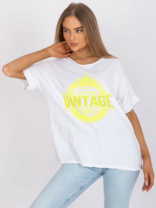 Biało-żółty damski t-shirt z aplikacją