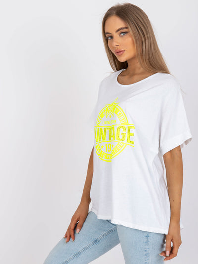 Biało-żółty damski t-shirt z aplikacją