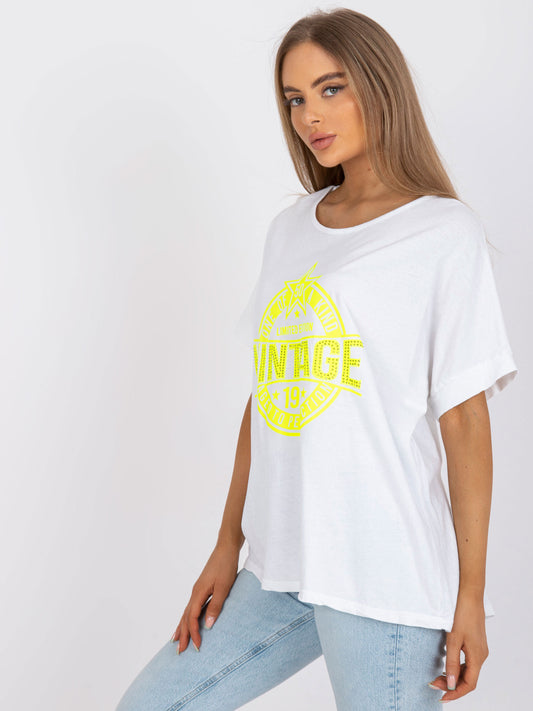 Biało-żółty damski t-shirt z aplikacją