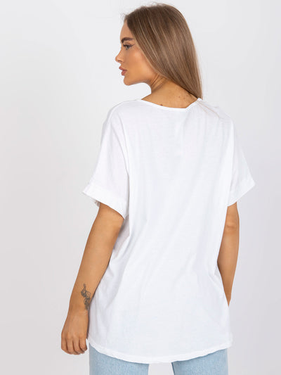 Biało-żółty damski t-shirt z aplikacją