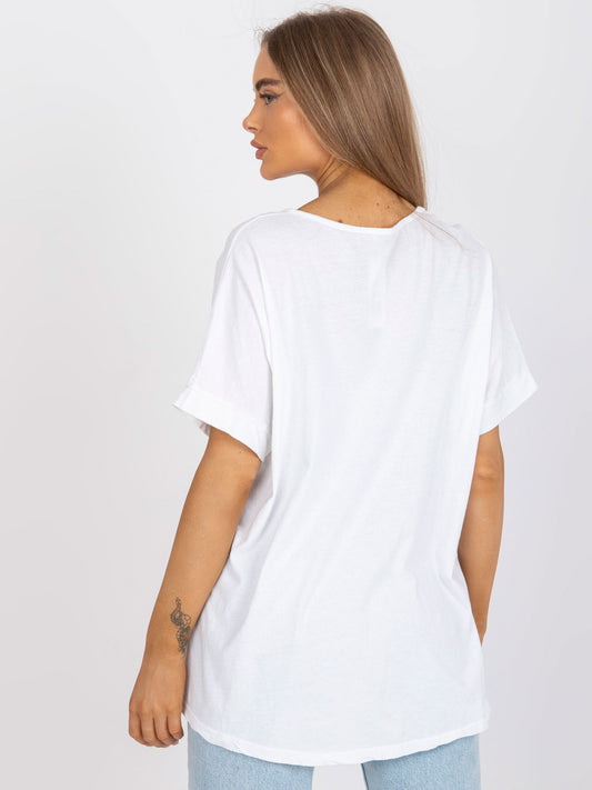 Biało-żółty damski t-shirt z aplikacją