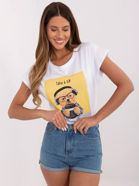 Biało-żółty damski t-shirt z nadrukiem misia
