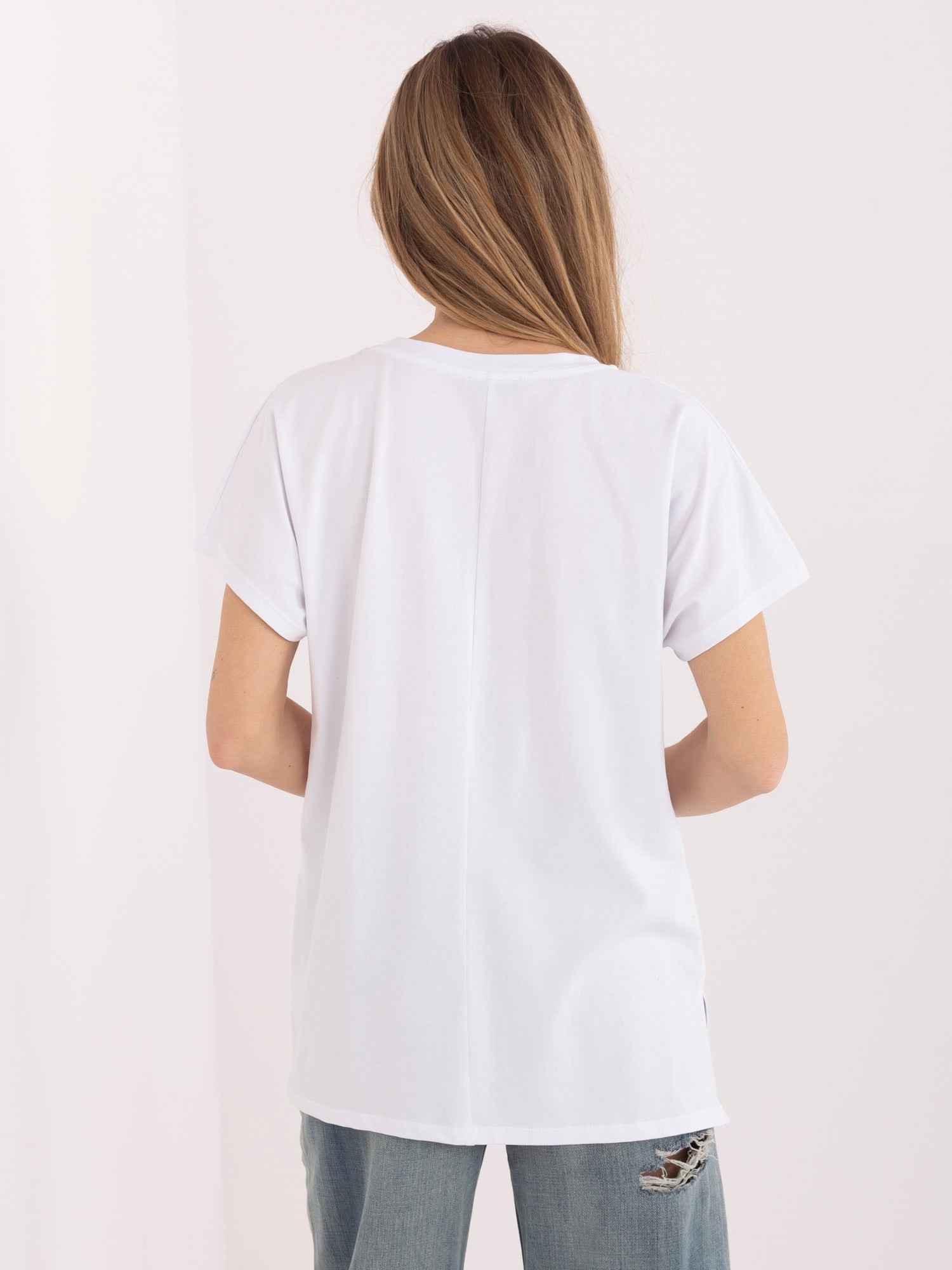 Biało-żółty damski t-shirt z kontrastowym napisem