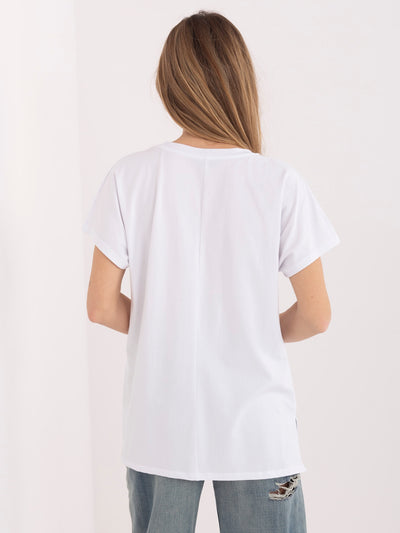Biało-żółty damski t-shirt z kontrastowym napisem