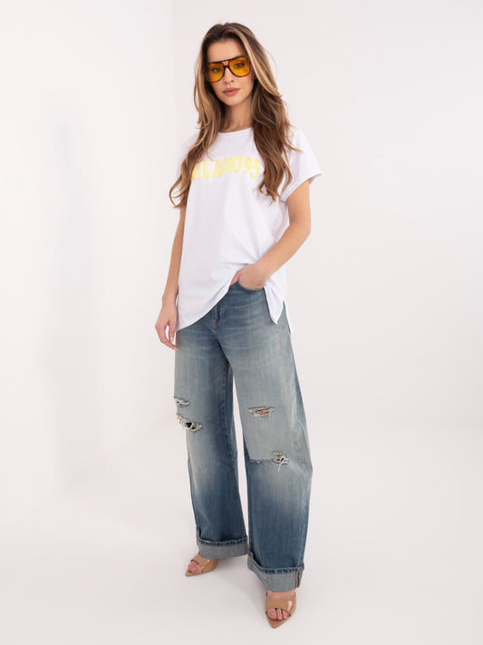 Biało-żółty damski t-shirt z kontrastowym napisem