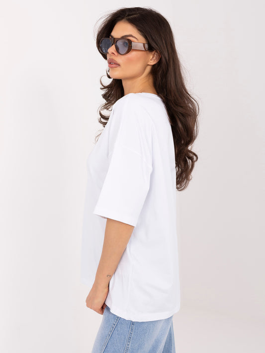 RUE PARIS Biały damski t-shirt oversize z bawełny