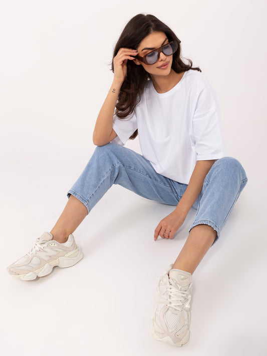 RUE PARIS Biały damski t-shirt oversize z bawełny