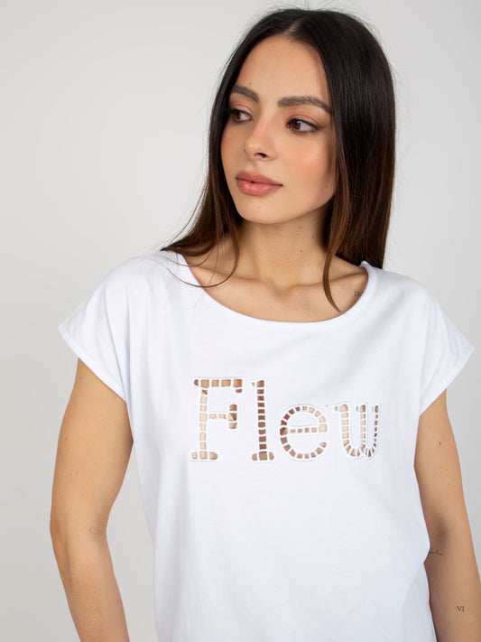 Biały damski t-shirt jednokolorowy z wycięciami