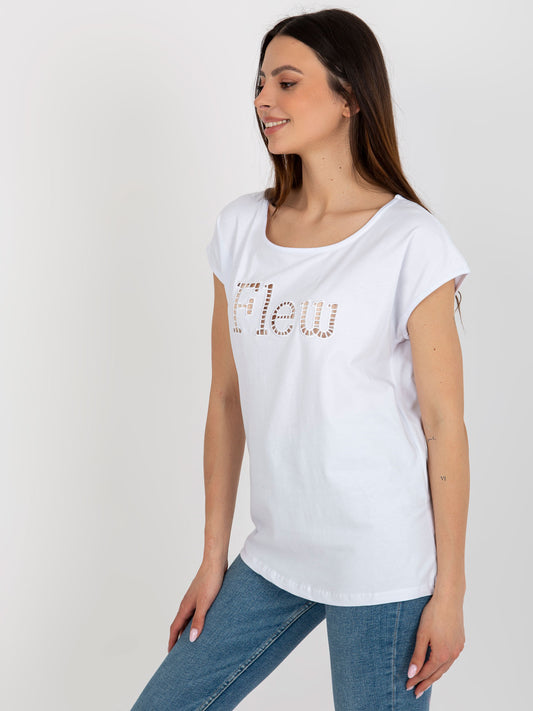 Biały damski t-shirt jednokolorowy z wycięciami