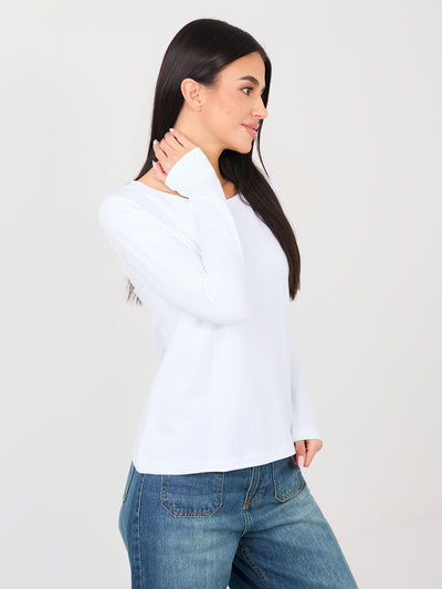 RUE PARIS Biały longsleeve basic z okrągłym dekoltem