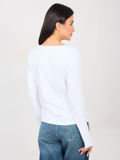 RUE PARIS Biały longsleeve basic z okrągłym dekoltem
