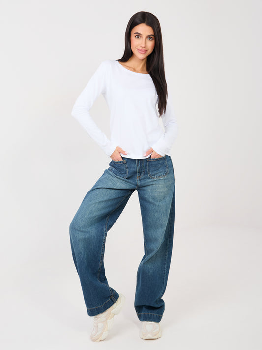 RUE PARIS Biały longsleeve basic z okrągłym dekoltem