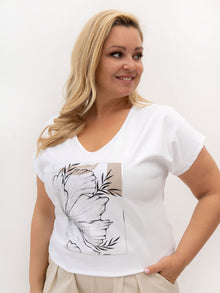 Biały damski t-shirt plus size z dekoltem V