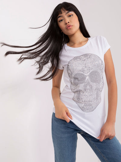 Biały damski t-shirt z aplikacją z dżetów
