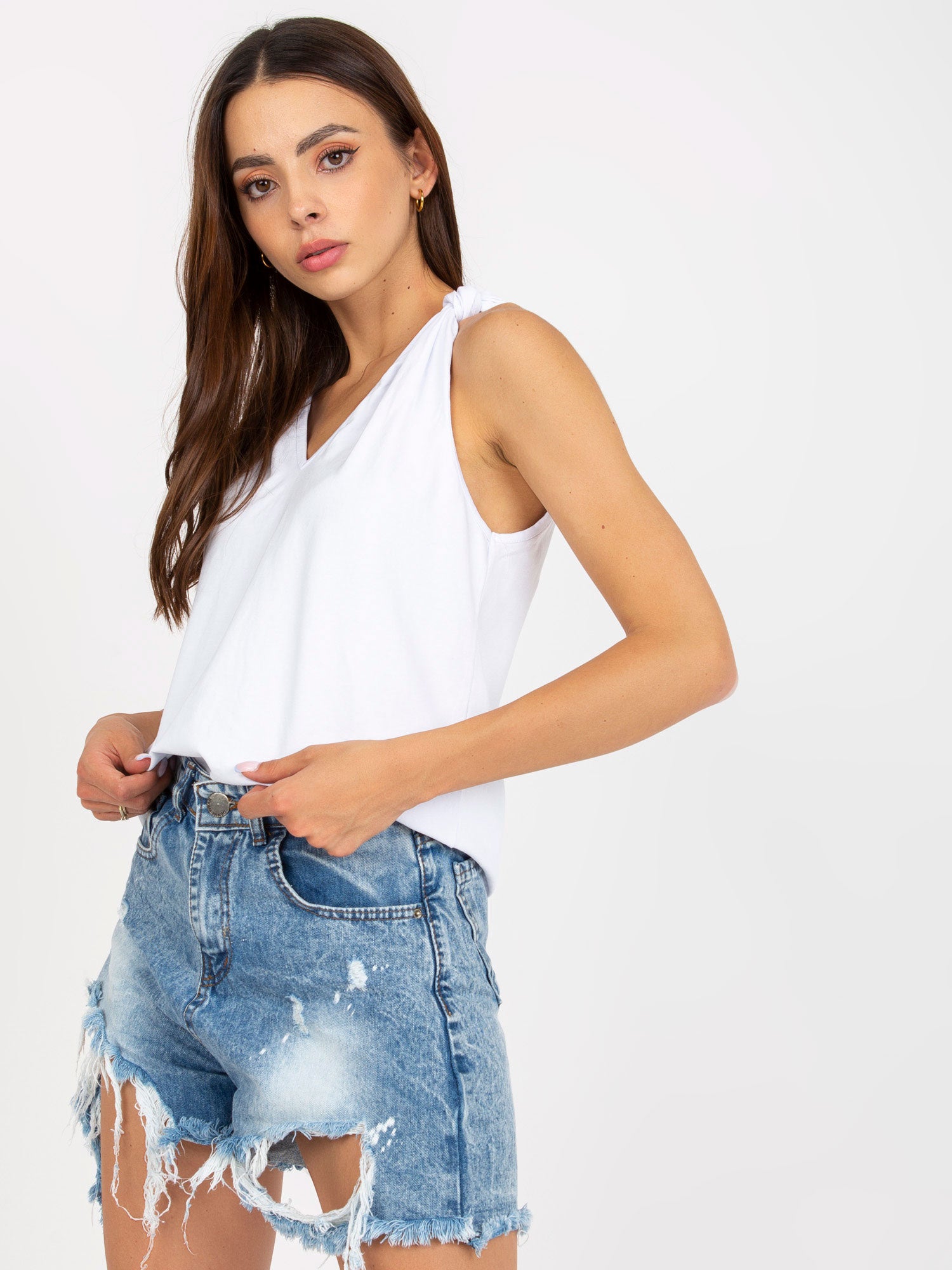 Biały gładki top basic z wiązanymi ramiączkami RUE PARIS