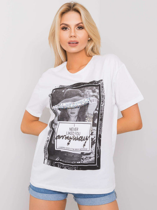Biały t-shirt z nadrukiem i aplikacją