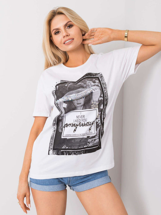 Biały t-shirt z nadrukiem i aplikacją