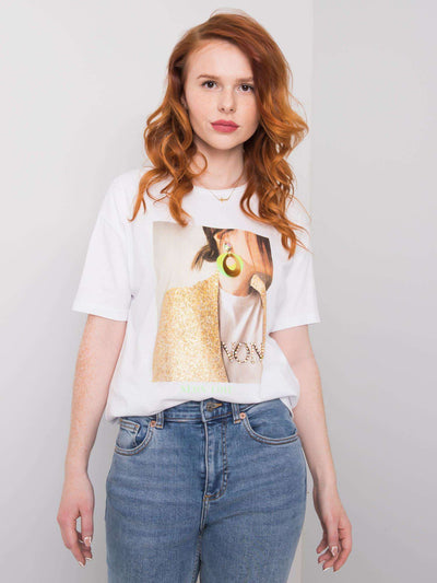 Biały t-shirt damski z nadrukiem i aplikacją