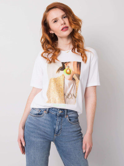 Biały t-shirt damski z nadrukiem i aplikacją