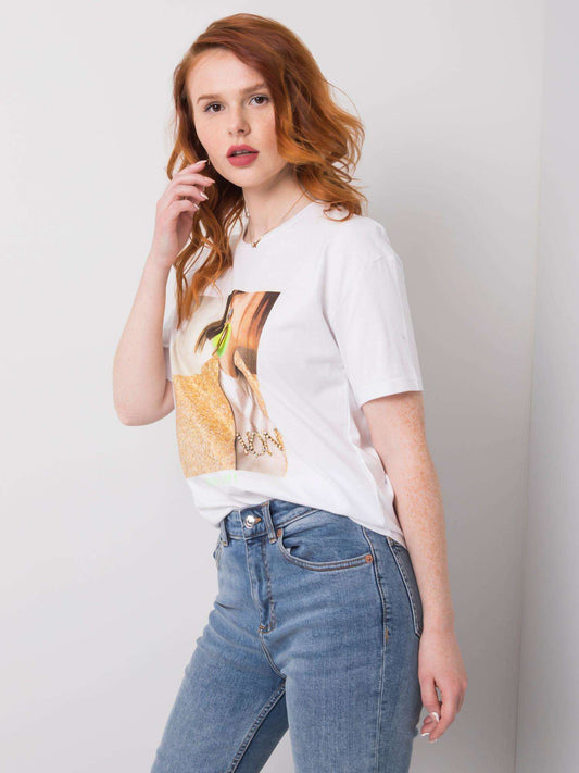 Biały t-shirt damski z nadrukiem i aplikacją