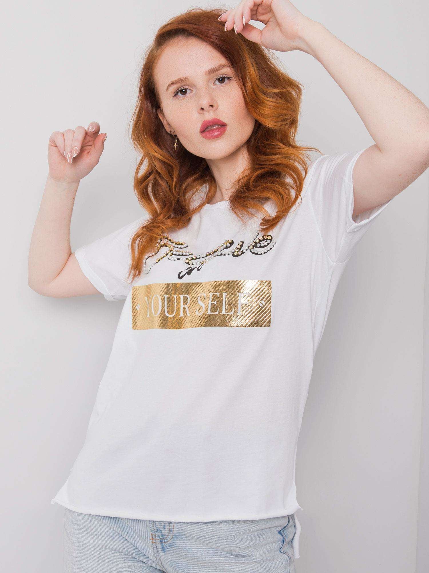 Biały t-shirt bawełniany z nadrukiem i aplikacją