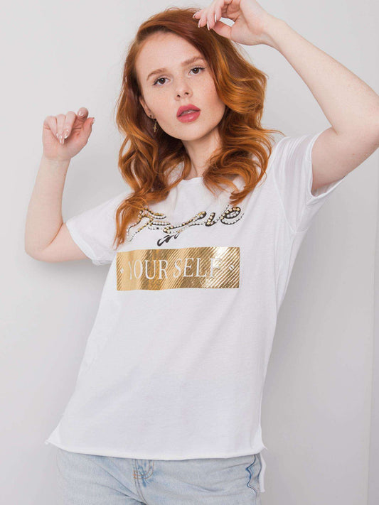 Biały t-shirt bawełniany z nadrukiem i aplikacją