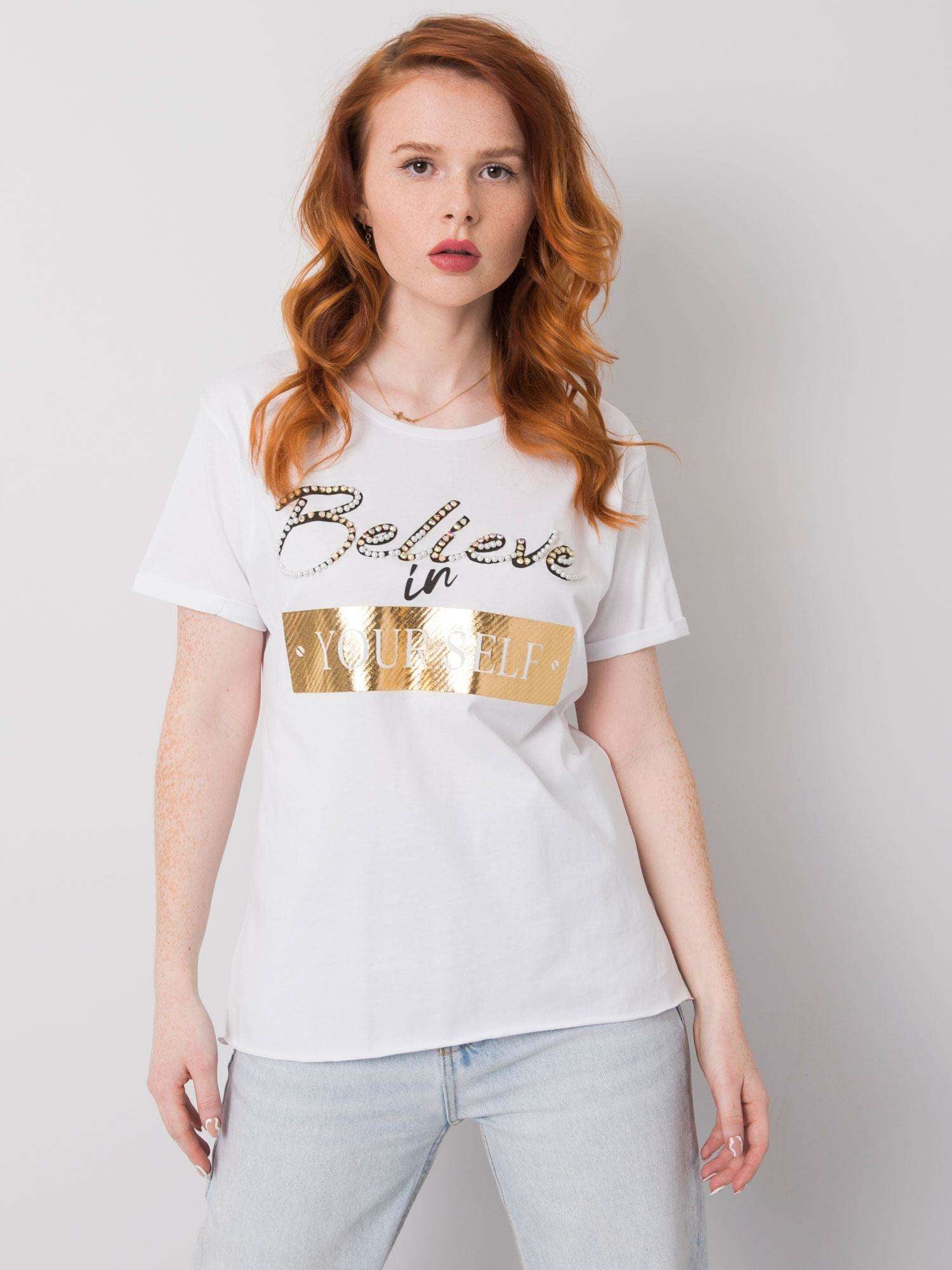 Biały t-shirt bawełniany z nadrukiem i aplikacją