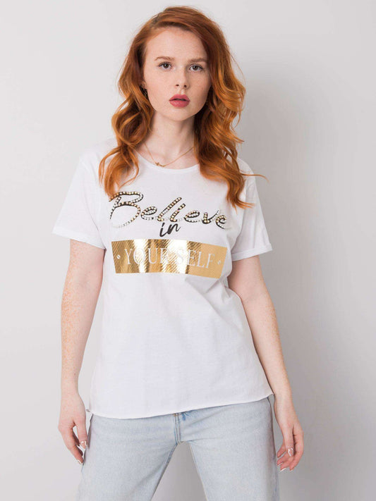 Biały t-shirt bawełniany z nadrukiem i aplikacją
