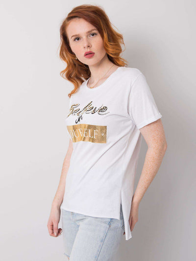 Biały t-shirt bawełniany z nadrukiem i aplikacją