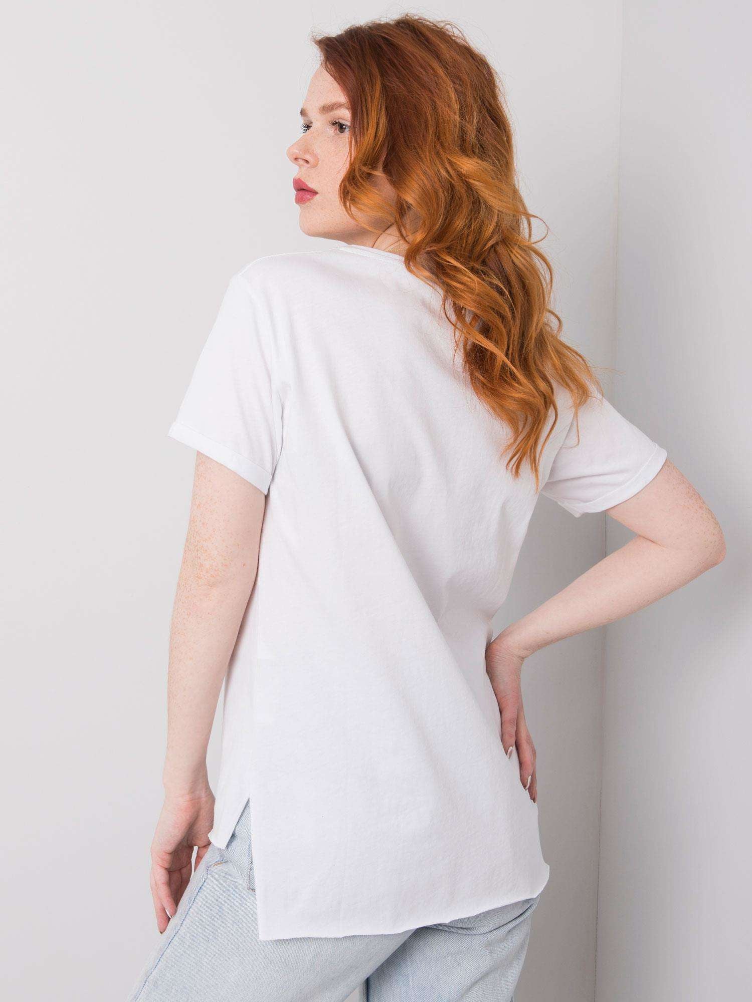 Biały t-shirt bawełniany z nadrukiem i aplikacją