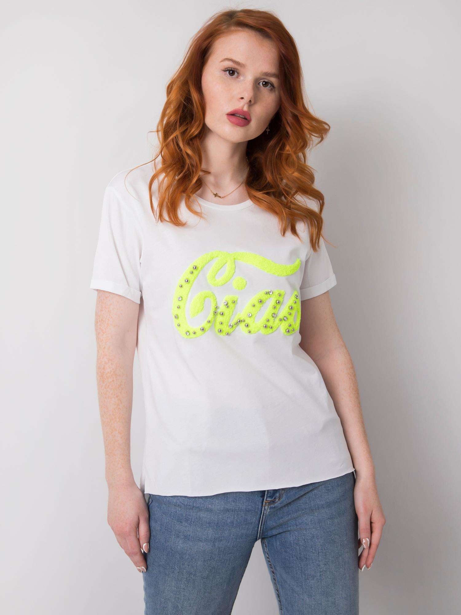 Biały damski t-shirt z aplikacją