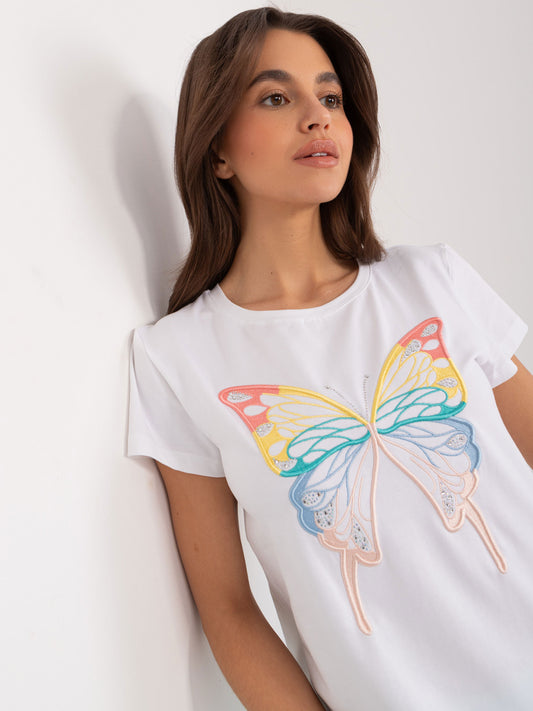 BASIC FEEL GOOD Biały t-shirt z naszywką i cyrkoniami