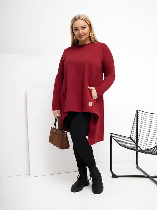 Bordowa damska tunika plus size z kieszeniami