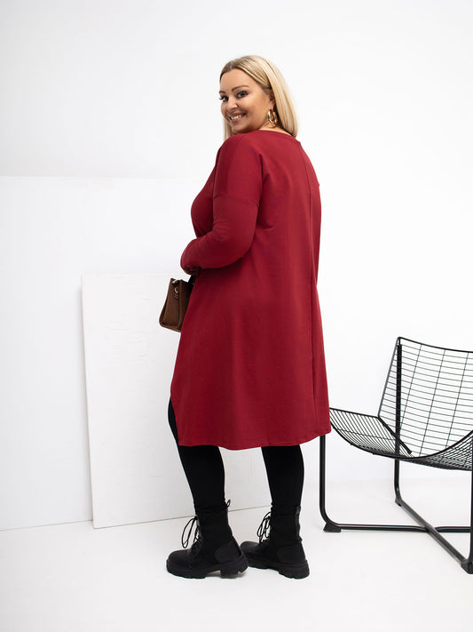 Bordowa damska tunika plus size z kieszeniami
