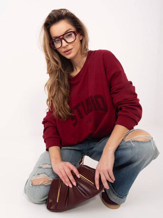 Bordowa damska bluza oversize bez kaptura