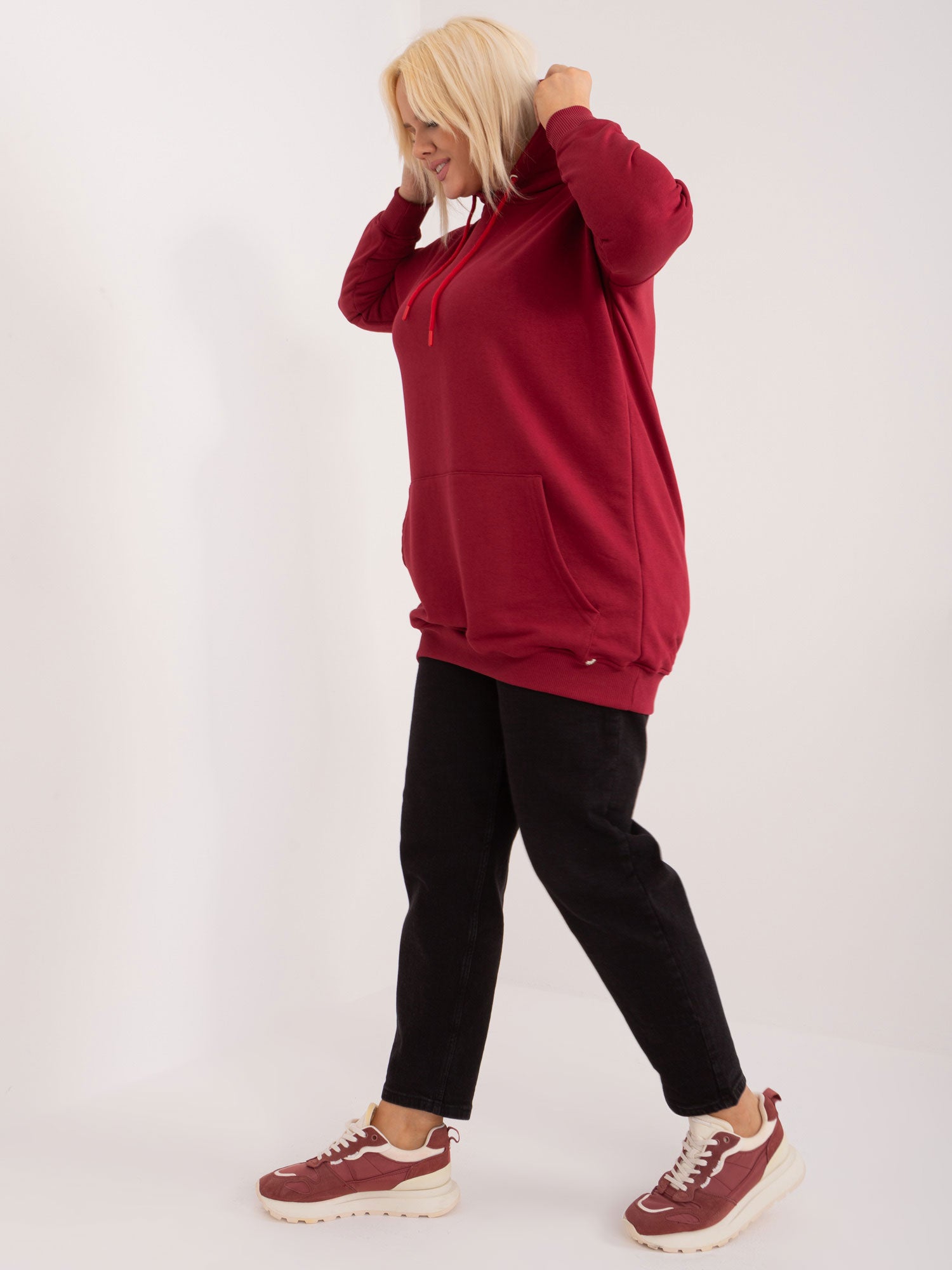Bordowa bawełniana bluza plus size z kapturem