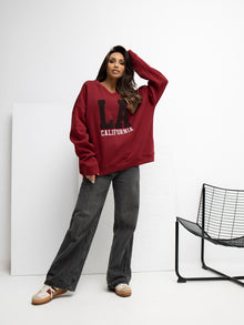 RUE PARIS Bordowa ocieplana bluza z napisem LA