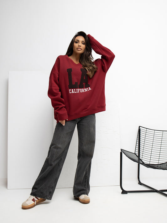 RUE PARIS Bordowa ocieplana bluza z napisem LA
