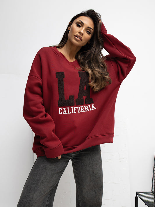 RUE PARIS Bordowa ocieplana bluza z napisem LA