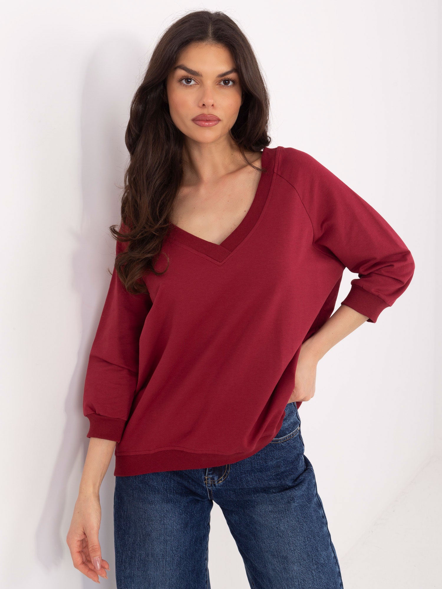 RUE PARIS Bordowa bluza basic z rękawem 3/4