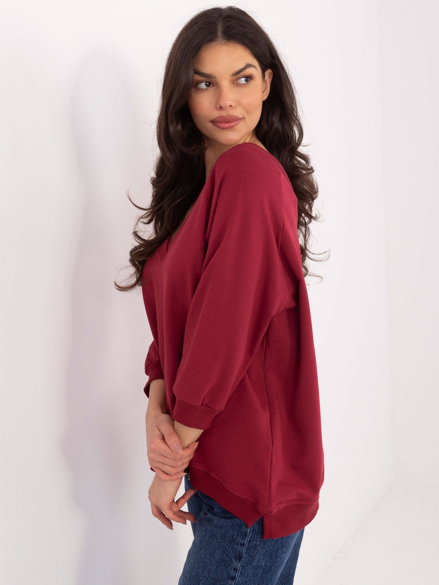 RUE PARIS Bordowa bluza basic z rękawem 3/4