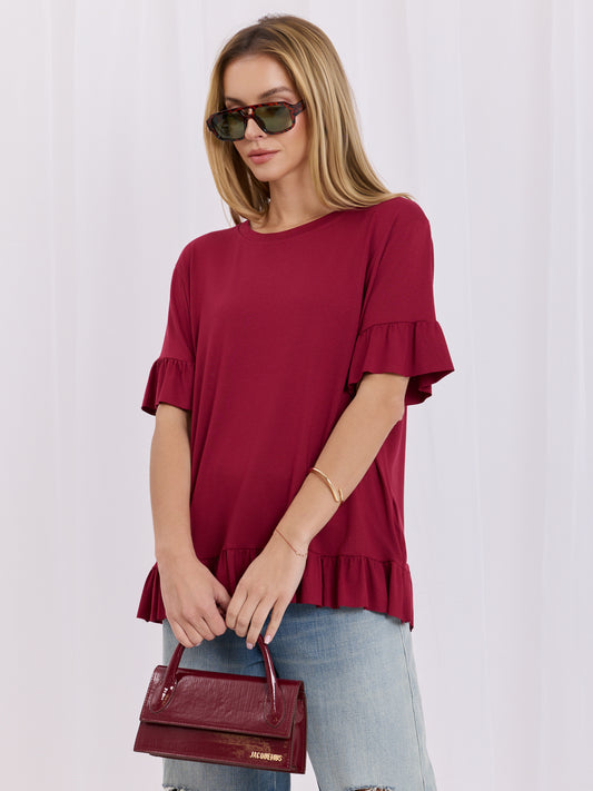Bordowa bluzka oversize z krótkim rękawem