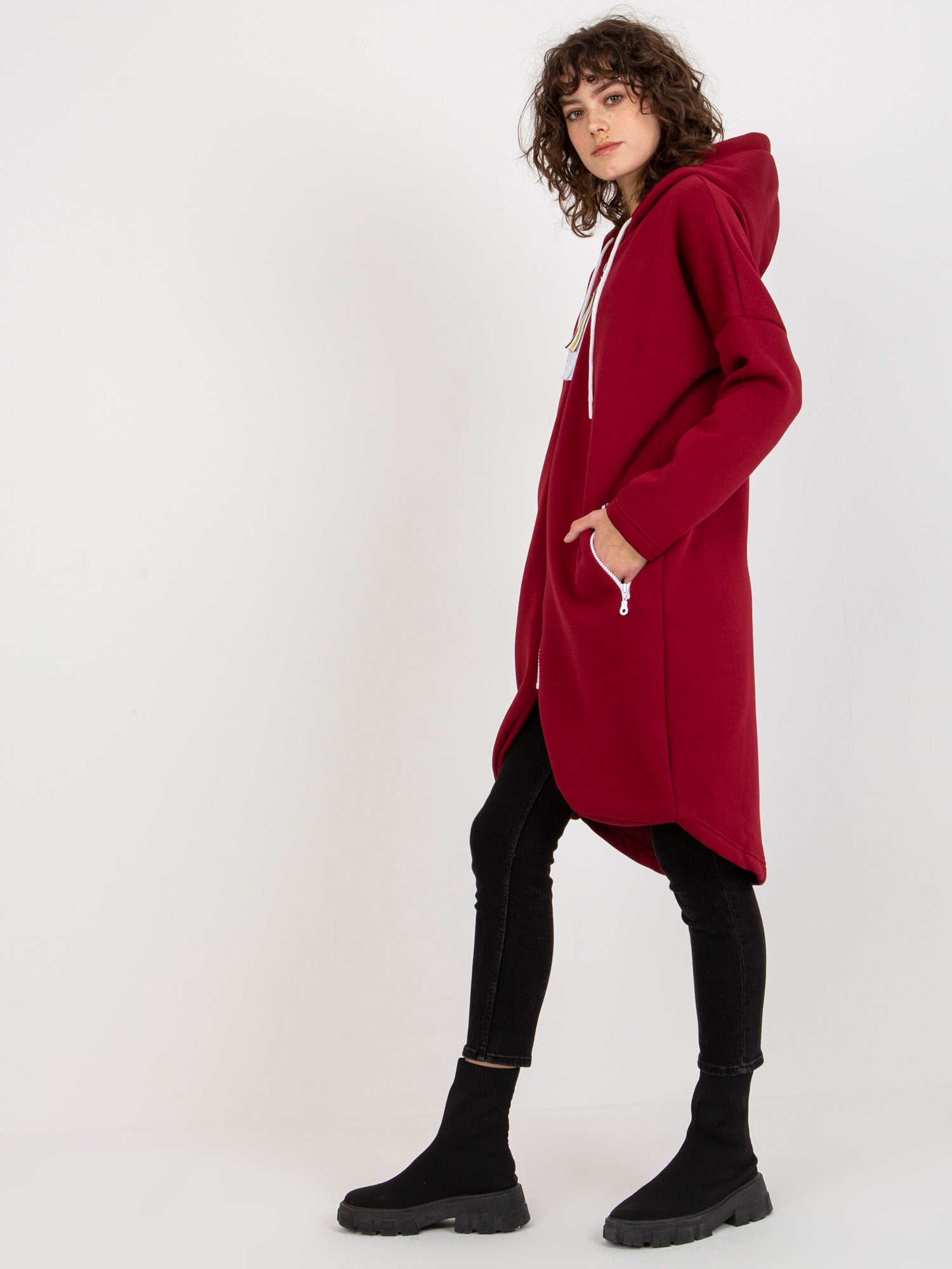 Bordowa długa rozpinana bluza basic z kapturem Stunning