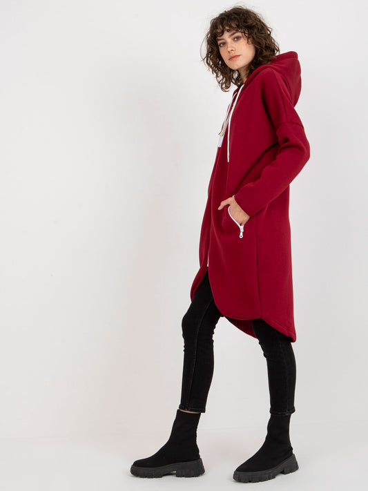 Bordowa długa rozpinana bluza basic z kapturem Stunning