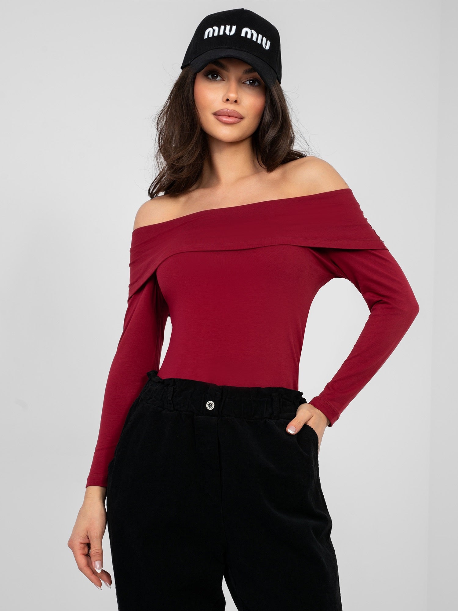 RUE PARIS Bordowa bluzka hiszpanka basic z bawełny