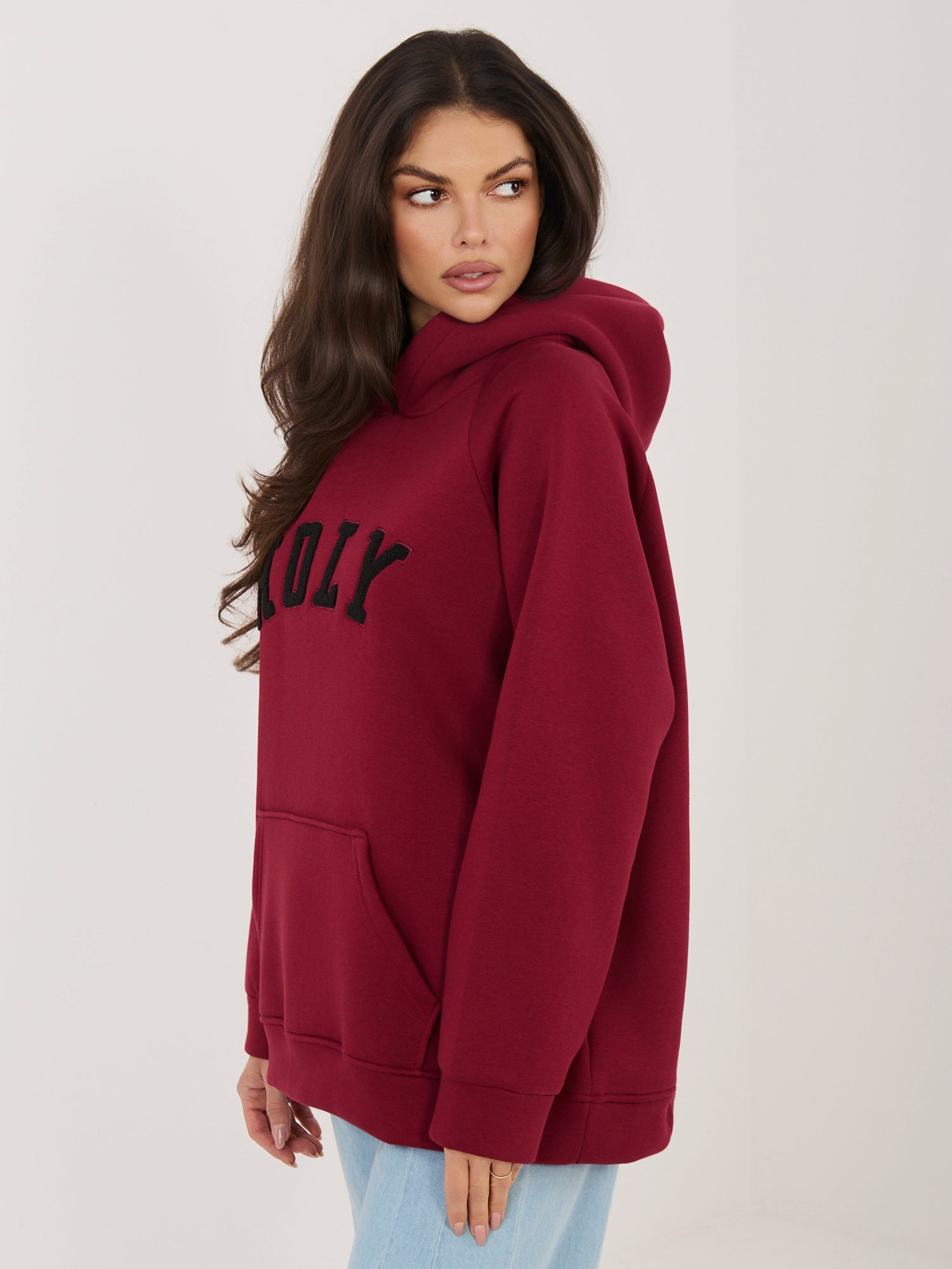 RUE PARIS Bordowa damska bluza oversize z kapturem