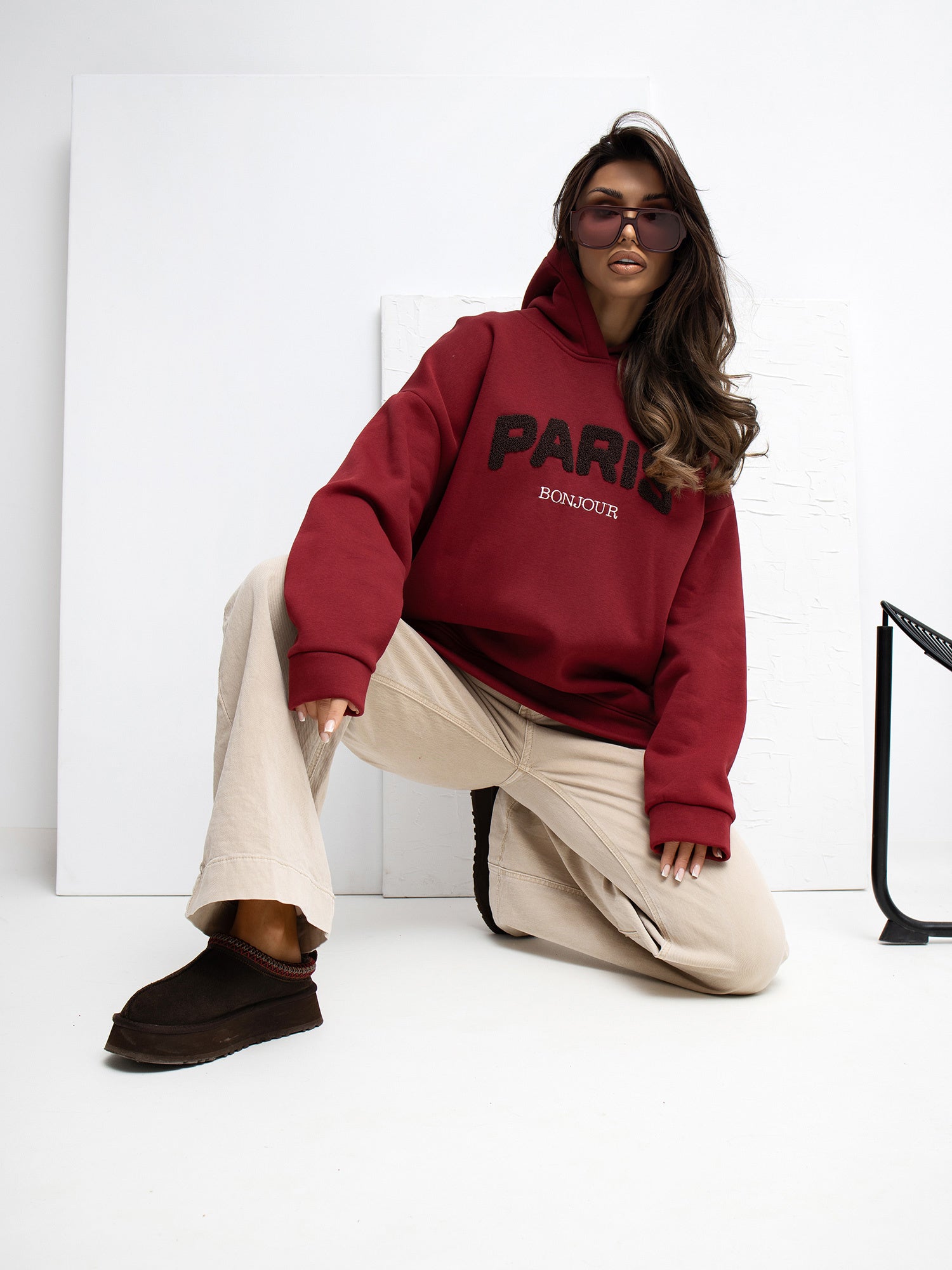 RUE PARIS Bordowa dresowa bluza z kapturem