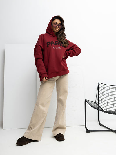 RUE PARIS Bordowa dresowa bluza z kapturem