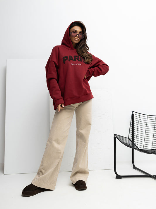 RUE PARIS Bordowa dresowa bluza z kapturem