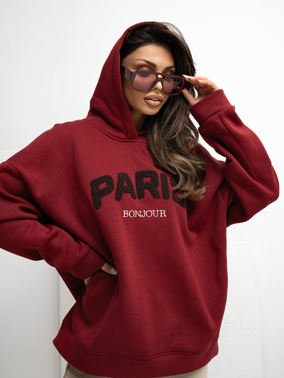 RUE PARIS Bordowa dresowa bluza z kapturem